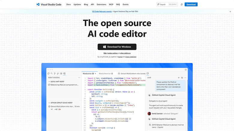 Главная страница сайта Visual Studio Code с кнопкой Download for Windows